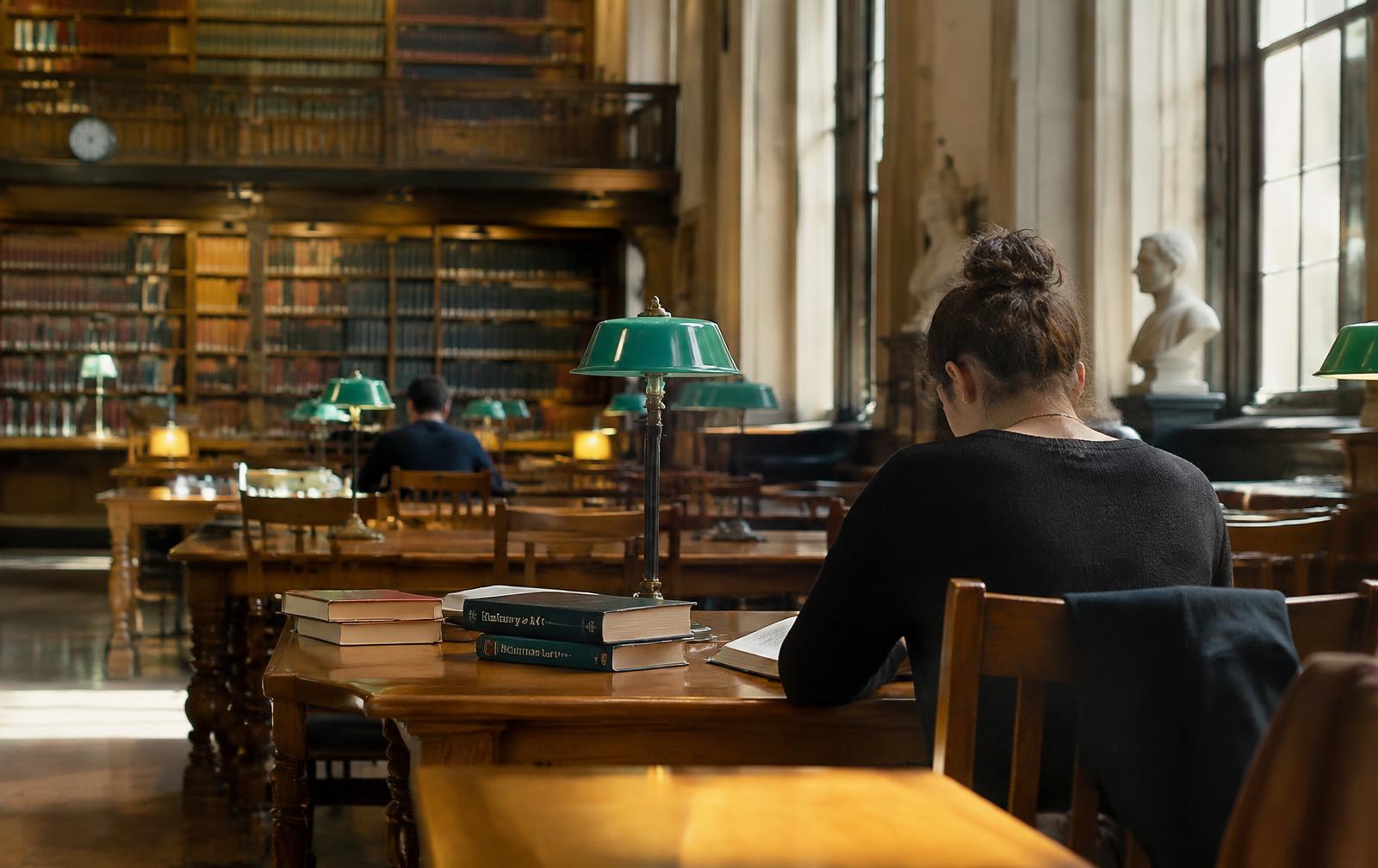 Student in a university reading room